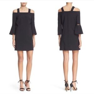 Tibi Black Off Shoulder Lantern Sleeve Mini Scuba Material Shift Dress Size 2